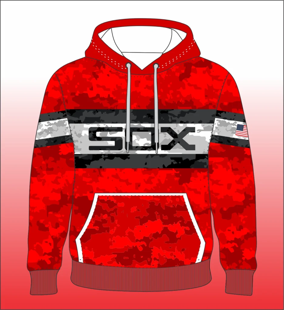 Hoodie with varsity‑style chest stripe across the front, cozy hood and soft fleece material for casual team or streetwear