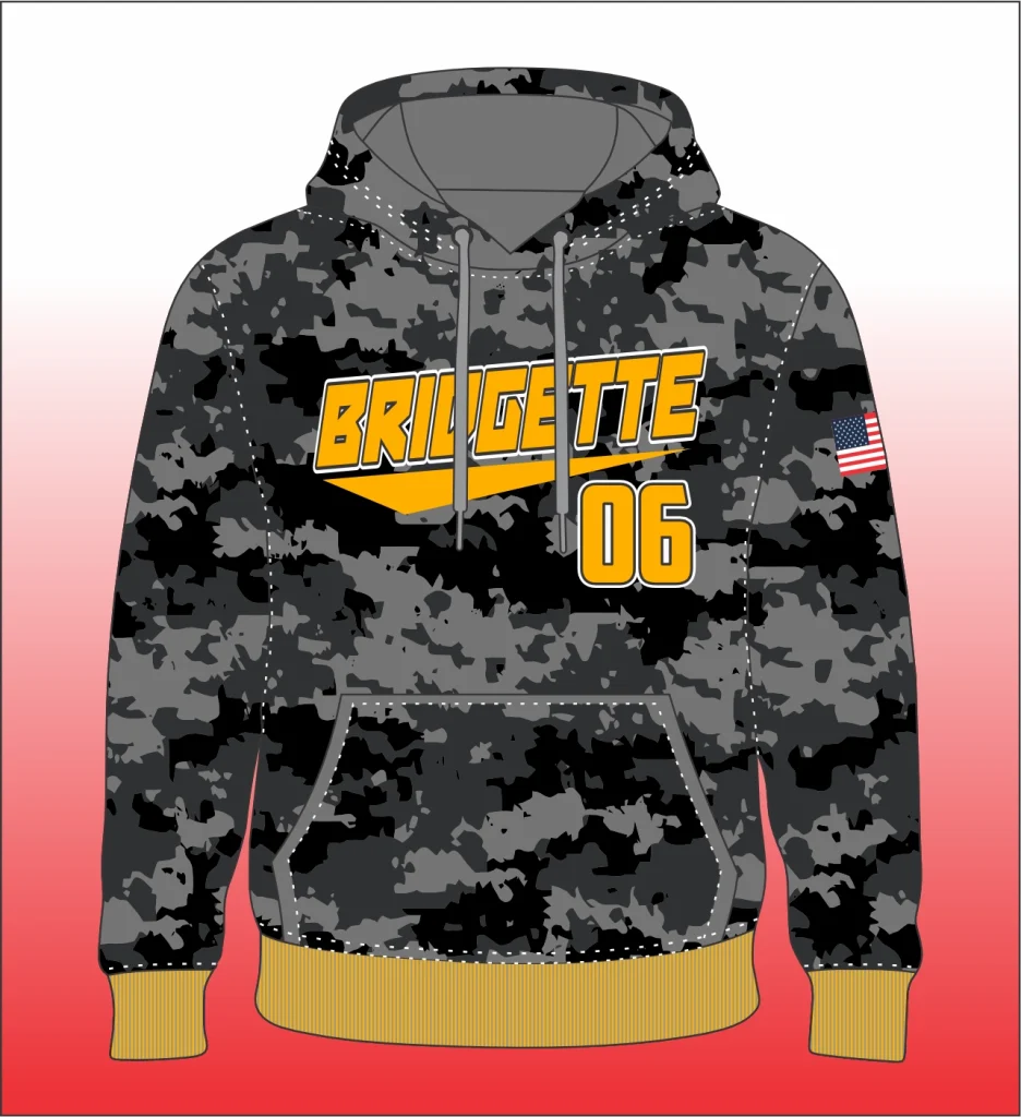 Hoodie with stealth‑camo yoke detail over shoulders and chest, cozy pullover style with drawstring hood and ribbed cuffs