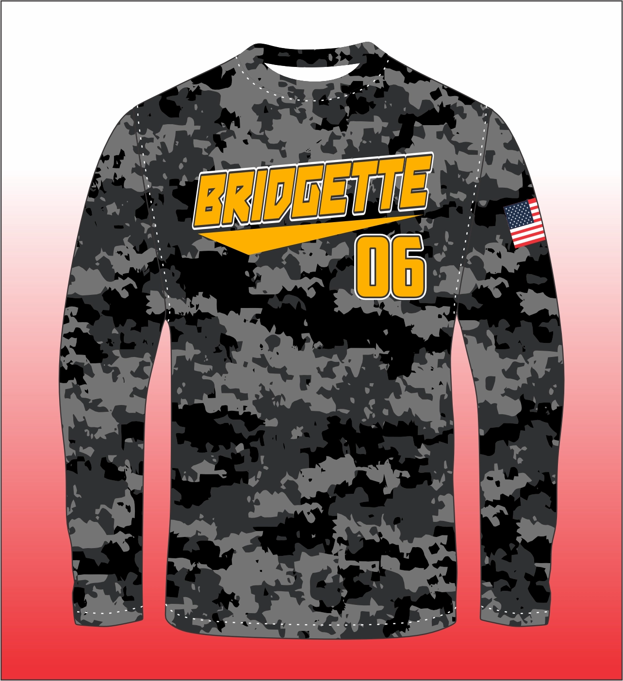 Stealth camo yoke long‑sleeve round‑neck jersey in breathable performance fabric