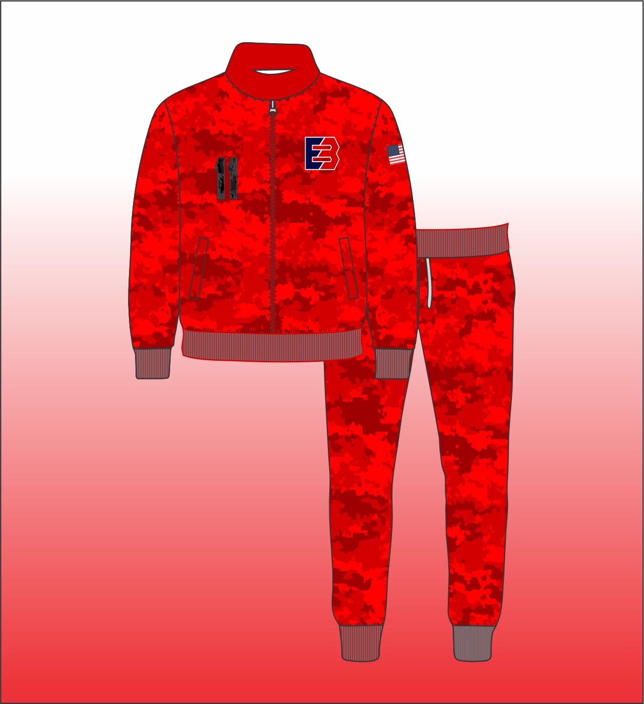 Front view of a full‑zip tracksuit with bold varsity chest stripes on a model