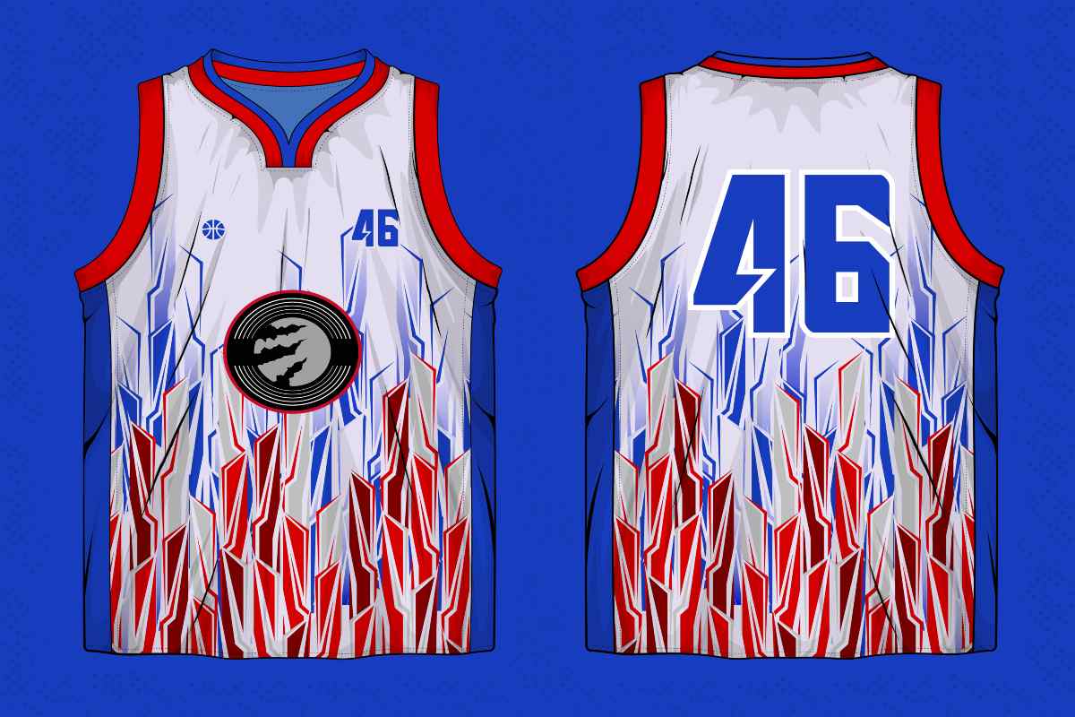 Basketball jerseys with team colors and custom numbers.