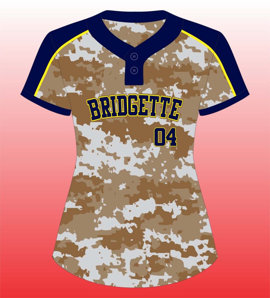 Softball 2 Button Gold Camo Body Jersey in Tan, White, Navy & Yellow – Stylish Team Wear