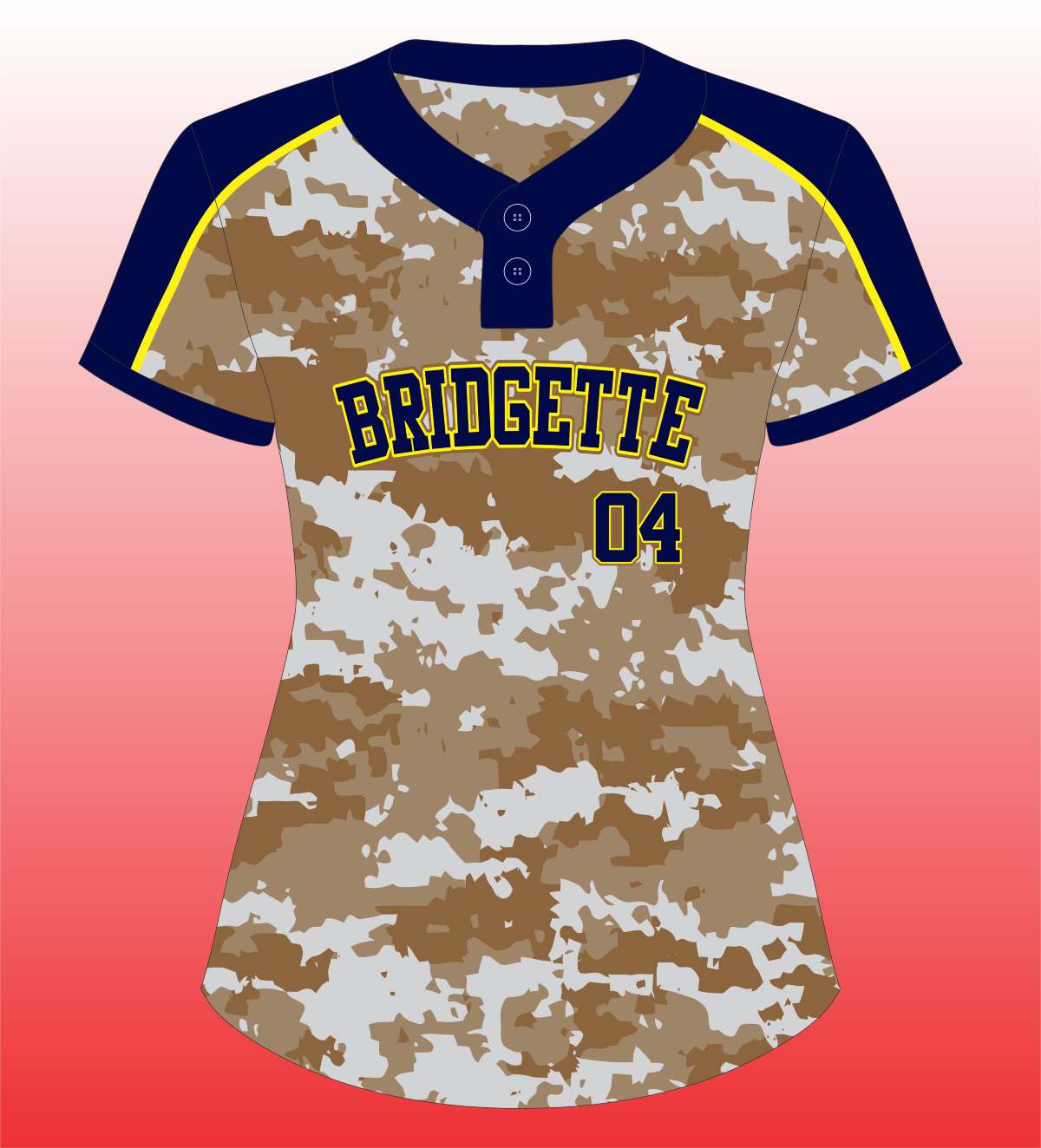 Softball 2 Button Gold Camo Body Jersey in Tan, White, Navy & Yellow – Stylish Team Wear